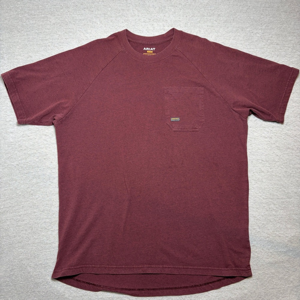 Ariat Mens Rebar Work T-Shirt XL Maroon Pocket Short Sleeve Raglan Cotton Blend